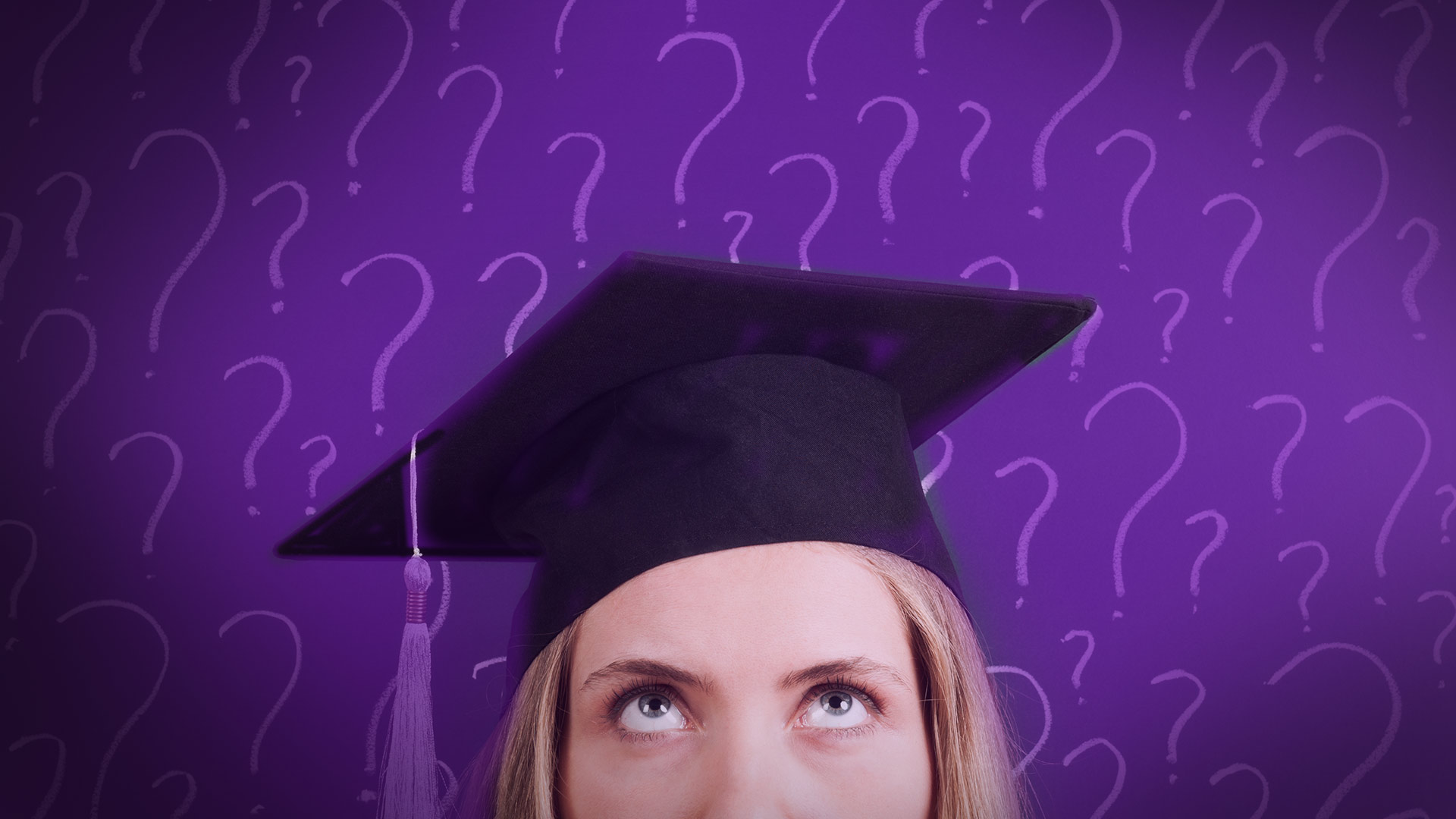 Student with graduation hat on with question marks above her head