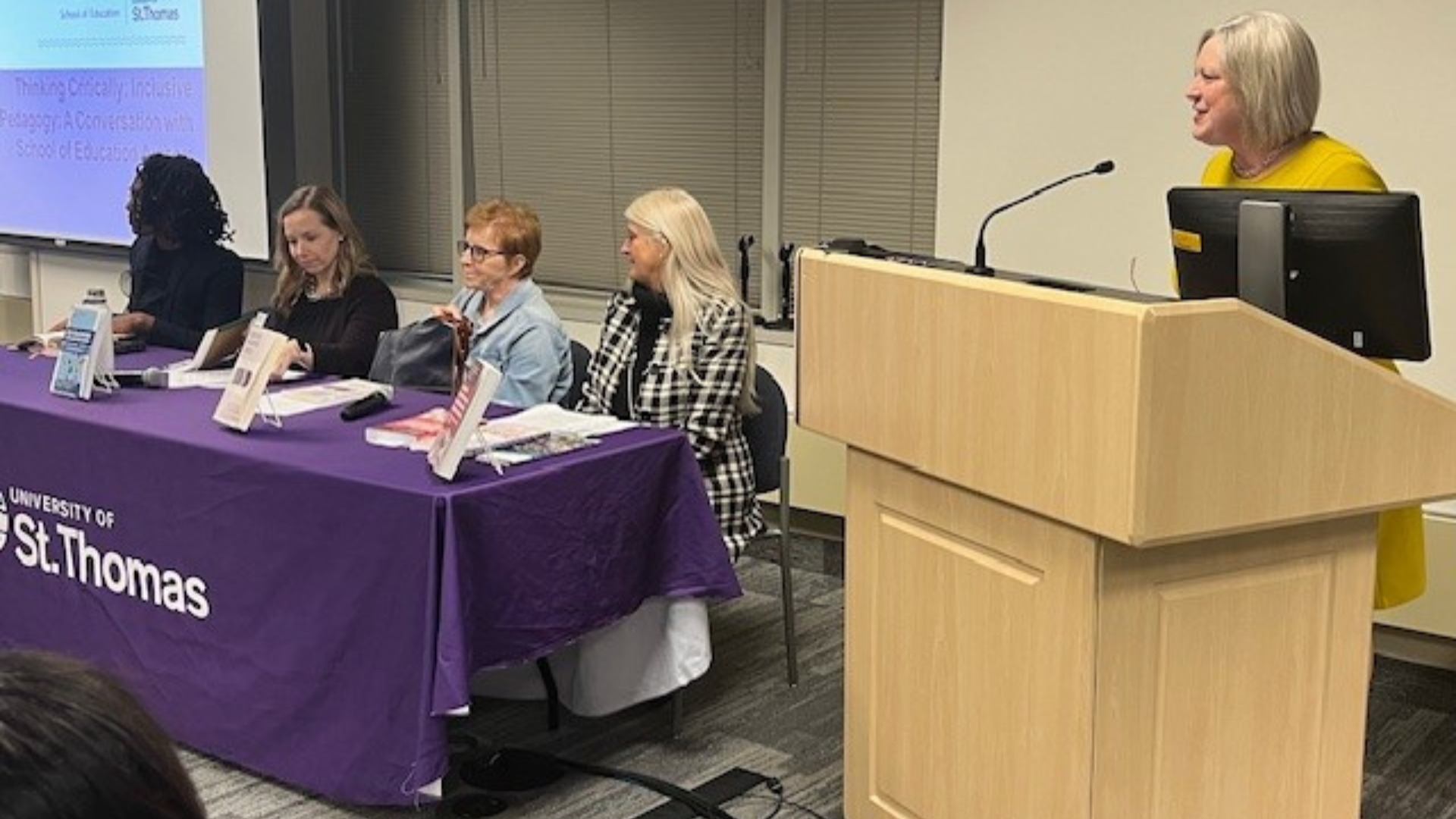 Dean Amy Smith introducing Dean's Forum panelists