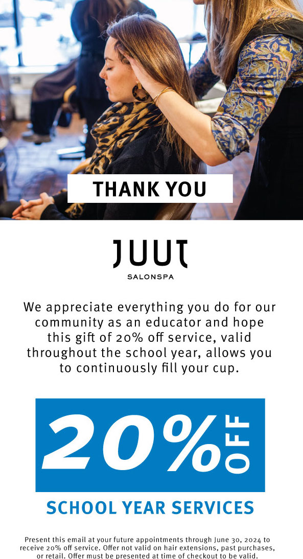 We appreciate everything you do for our community as an educator and hope this gift of 20% off service, valid throughout the school year, allows you to continuously fill your cup.