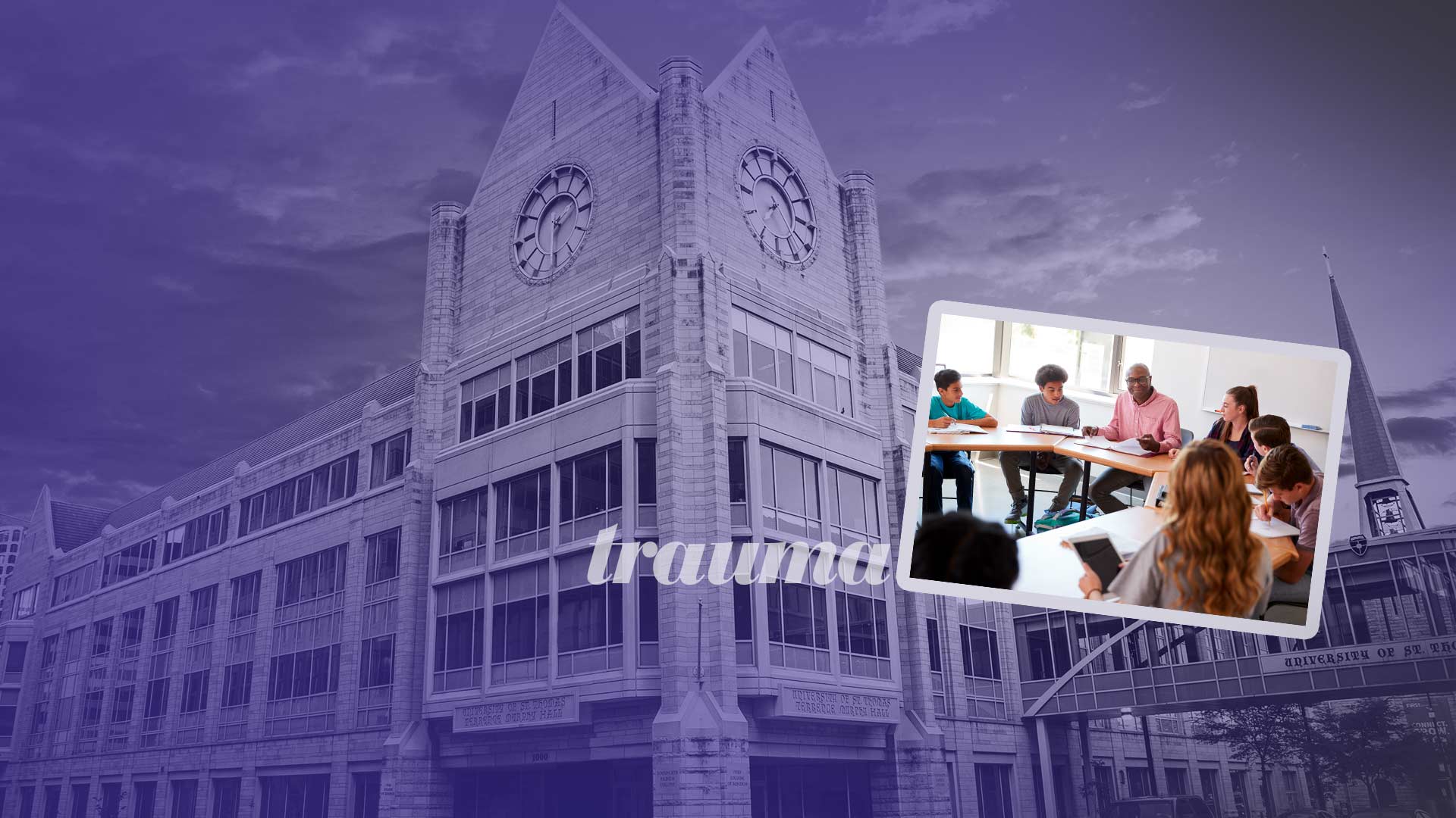 inset photo of people around a conference table against background of a building photo tinted purple