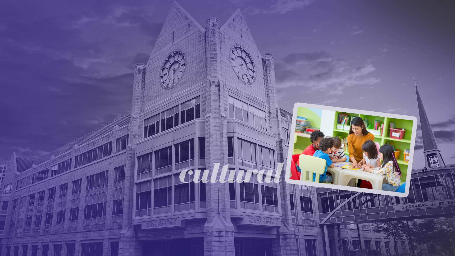 A teacher pointing to a piece of paper with children gathered around against background of a building photo tinted purple